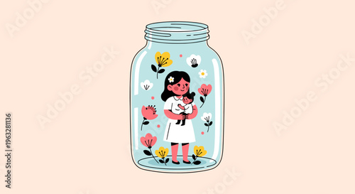 a cartoon girl holding a rabbit in a jar with flowers.