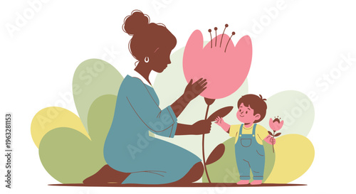 Mother and child with pink flowers.