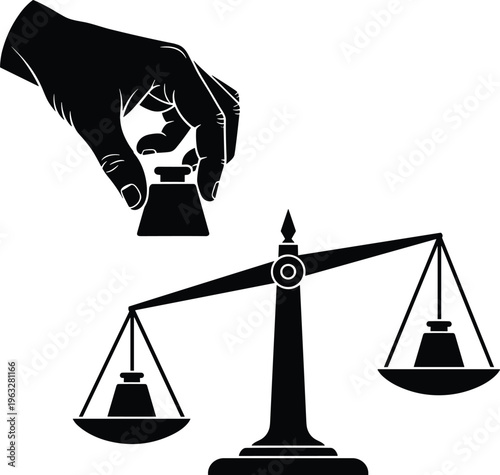 Hand placing weight on scales of justice for balance, legal judgment concept, equality in law, financial stability, and ethical decision making.