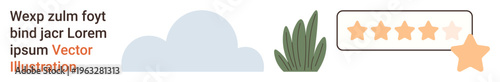 User review systems, feedback, nature , digital ratings, evaluations, and environment. Minimalistic cloud, plant and a 5-star rating graphic. Feedback and user review systems concept