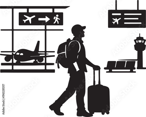 A silhouette of a traveler walking through the airport terminal