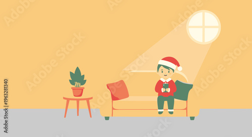 A cartoon character wearing a Santa hat sitting on a couch in a room.