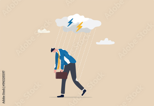Having bad day, disappointed work, discourage or depression, failure feeling bad or difficulty, having problem and trouble concept, depressed wet businessman walking in raining thunderstorm