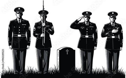 Military soldiers in uniform saluting at a grave with a cross, honoring fallen heroes for Memorial Day, Veterans Day, and funerals