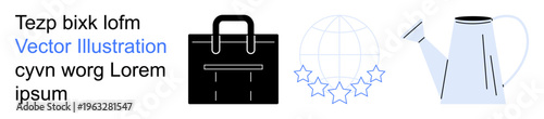 Corporate identity, global outreach, business essentials, gardening tools, eco-friendly practices, teamwork. Black briefcase, globe with stars watering can. Corporate identity and global outreach