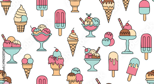 Ice Cream Popsicle Seamless Pattern. Sweet Dessert Background. Cartoon Doodle Style. Colorful Treats. Digital Paper.