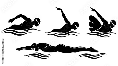 Silhouette set of competitive professional swimmers practicing various strokes isolated