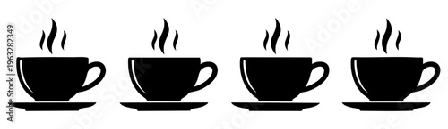 Four Black Coffee Cup Silhouette Icons With Hot Steam Saucers