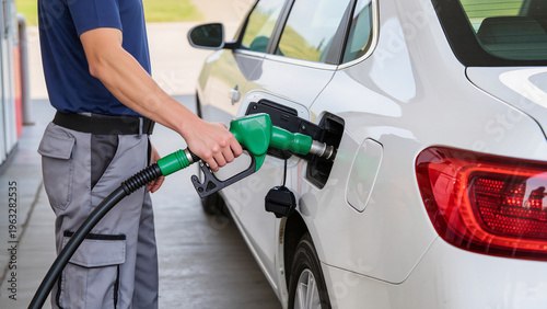 Konstfotografi man with gas pump, The vehicle is getting a full tank, The car is positioned nea