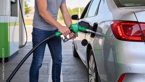 Fotografía man with gas pump, The vehicle is getting a full tank, The car is positioned nea