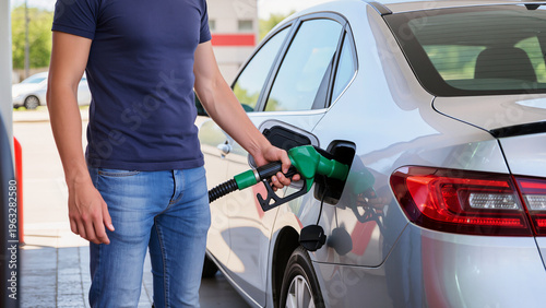 Fotografie man with gas pump, The vehicle is getting a full tank, The car is positioned nea