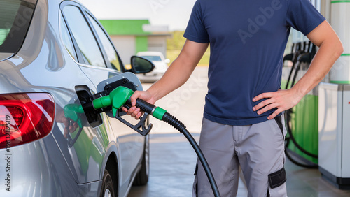 Bild auf Leinwand A person is refueling a car, A man holds a fuel nozzle, The fuel tank is being f