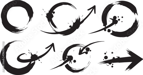 Hand drawn grunge brush stroke arrows and circles vector illustration set