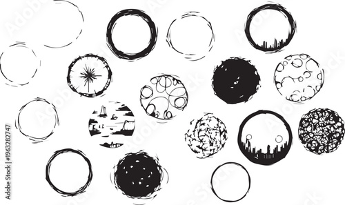 Hand-drawn sketchy circle frames and abstract icons set vector illustration