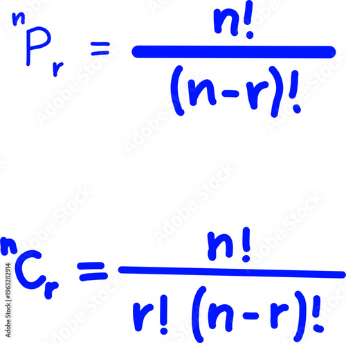 Clear mathematical formula illustration showing permutations and combinations with factorial notation, ideal for education, statistics, and math learning visuals.