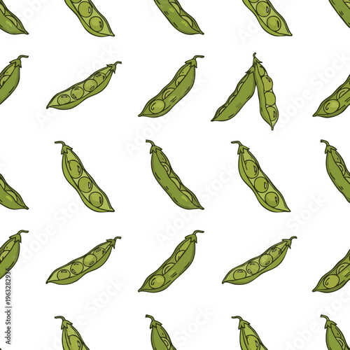 Green Pea Pod Seamless Pattern. Hand-drawn Vegetable Doodle Background. Fresh Organic Peas.