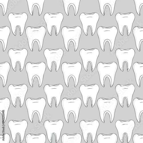 Teeth Seamless Pattern. Dental Doodle Background. Oral Health Design. Tooth Repetitive Texture.
