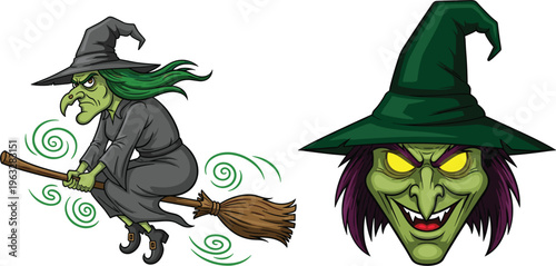 Witch Character Set with Flying Witch on Broom and Evil Witch Head Illustration for Halloween and Fantasy Themed Designs