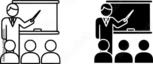 Teacher or Presenter Icon Set - Education and Training Seminar Vector Illustration (Outline & Solid Styles)