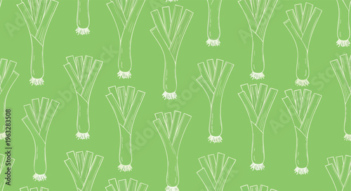 Leek Seamless Pattern. Vegetable Pattern. Hand-drawn Style. Chalk Drawing. Green Background.