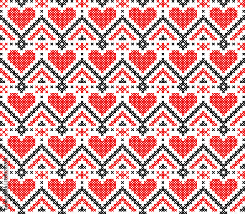 Cross stitch seamless pattern with hearts, red and black  embroidery ornament vector, Vyshyvanka 
