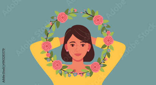 Photos Woman surrounded by floral wreath illustration.