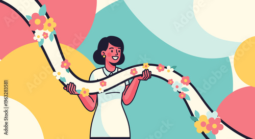 Woman holding colorful floral garland.