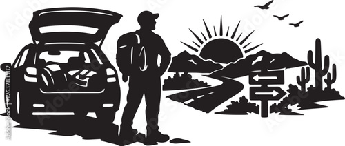 A traveler standing by open car trunk near desert landscape