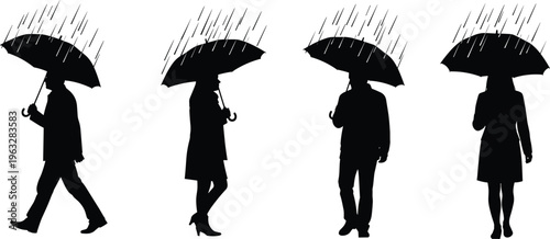 People walking in rain silhouette collection with umbrellas, men and women in rainy weather, perfect for lifestyle, urban, weather, insurance, and city design concepts
