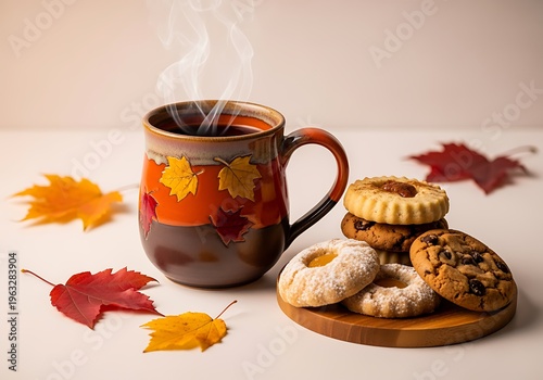 Autumnthemed coffee with pastries and colorful leaves