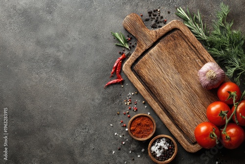 Rustic Wooden Cutting Board with Fresh Ingredients for Cooking.