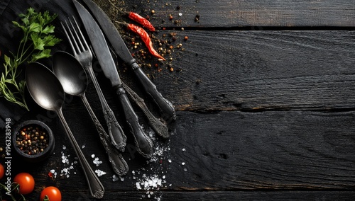 Elegant Black Cutlery Set with Spices and Tomatoes on Dark Wood.