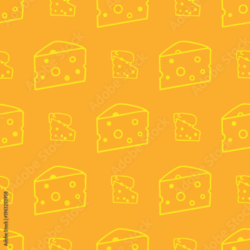 Cheese Seamless Pattern Background. Doodle Cheese Pattern. Outline Graphic Design. Orange Yellow Wallpaper.