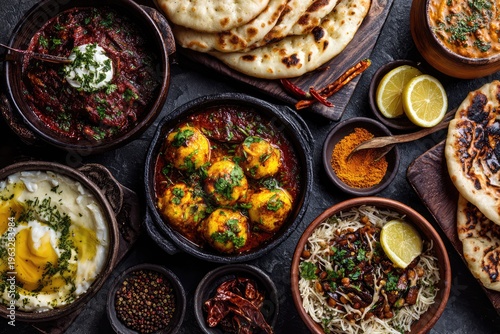 A Rich Assortment of Indian Dishes Served in Traditional Bowls.