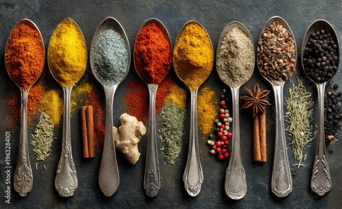 Collection of Spices in Silver Spoons on a Dark Background.