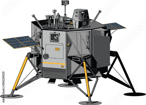 Detailed of a complex space lander with solar panels and various scientific instruments mounted on its structure against a white background