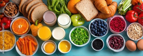 Assortment of Healthy Foods and Ingredients Arranged on a Blue Surface.