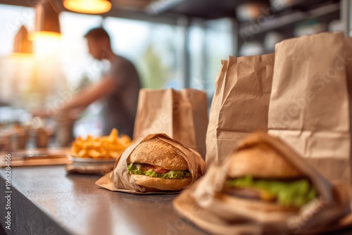 Delicious Burgers and Fries Ready for Takeout at a Busy Restaurant.
