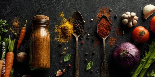 A Culinary Still Life - A Jar of Spices Surrounded by Fresh Ingredients.