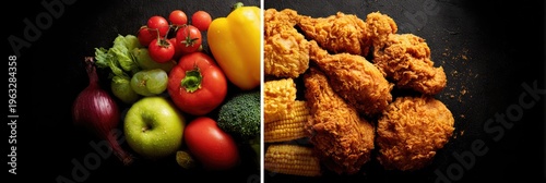 Split Image - Fresh Vegetables and Crispy Fried Chicken on Black Background.