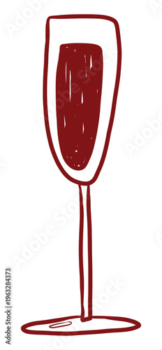 Line art illustration of wine glass with red liquid, doodle style isolated icons for bar menu, party or winery