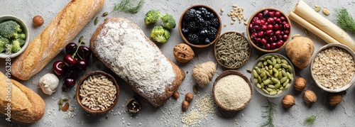Assortment of Healthy Foods and Grains Arranged on a Gray Surface.