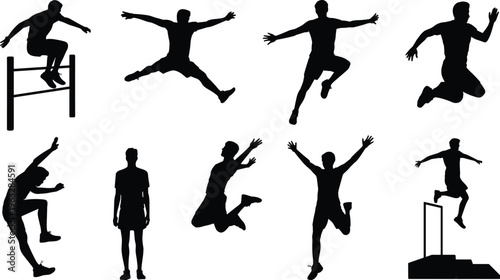 Dynamic silhouettes of athletes performing various jumping and hurdling actions in a sports competition