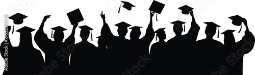 Jubilant silhouettes of graduating students in caps and gowns tossing their graduation caps in the air against a white background, celebrating academic achievement
