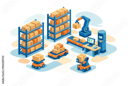 Automated warehouse with robotic arms and forklifts.