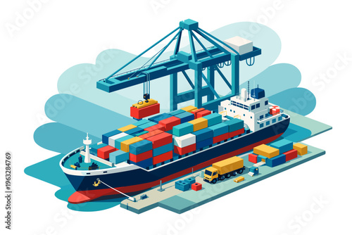 Container ship being loaded by a large crane at a port.