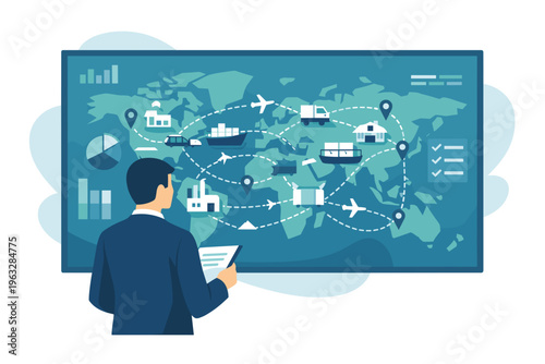 Businessman analyzing global logistics network on world map display.