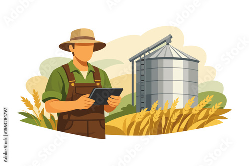 Farmer Using Tablet Near Grain Silo and Wheat Field.