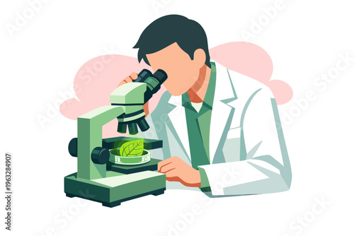Scientist examining sample under microscope in laboratory.