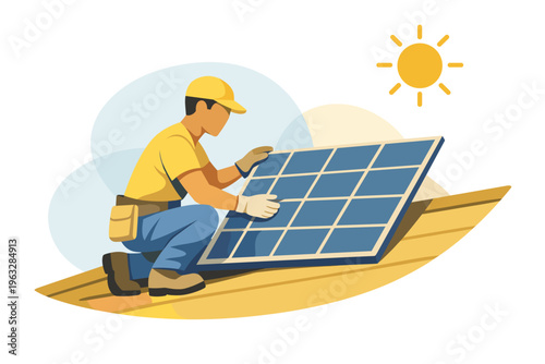 Worker installing solar panel on rooftop under sun.